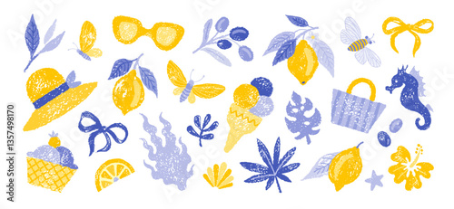 Beach summer sea icon. Doodle sun vacation vector illustration. Crayon sea travel element. Boho sketch chalk, ocean shell, blue bow, lemon fruit. Summer beach abstract art. Hand drawn cute vintage bg