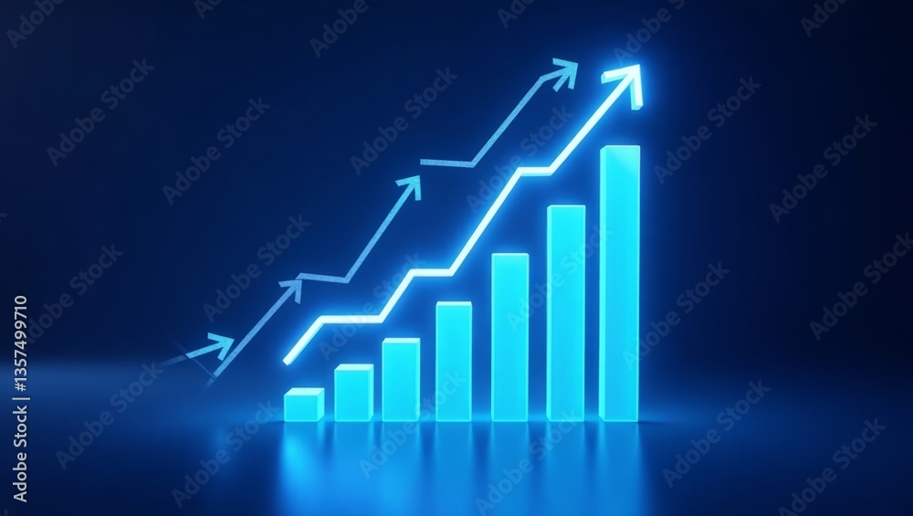A luminous blue bar graph ascends sharply, showcasing impressive growth and success with bright neon glow and dark background. A luminous blue bar graph ascends sharply, showcasing impressive growth and success with bright neon glow and dark background.