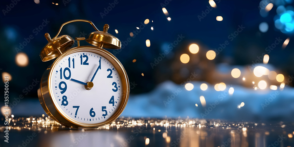 Fototapeta premium Golden Alarm Clock at Midnight with Sparkling Lights on New Year Eve in Dark Blue Backdrop