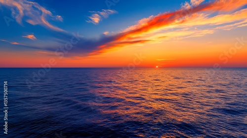 Vibrant Sunset Over Calm Ocean Waves with Colorful Sky Displaying Warm Hues of Red, Orange, and Blue