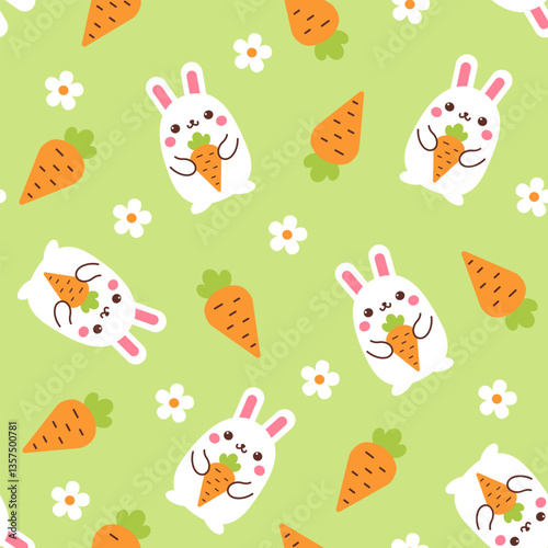 Cute rabbits and carrots seamless pattern texture in joyful pastel colors vector illustration. Easter bunny. Spring tiled background. Fabric textile or gift wrapping paper design element.Fashion print