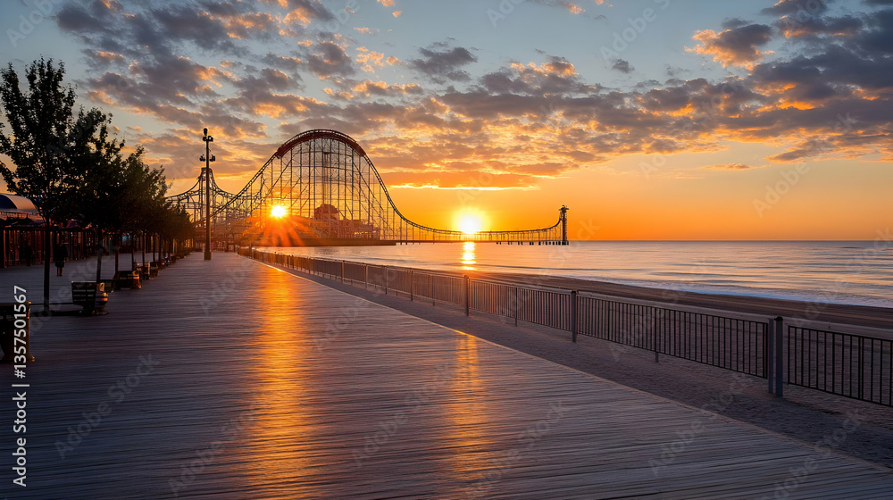 Naklejka premium Golden Sunset over Sea Horizon with Ferris Wheel and Trees along the Promenade Reflecting on Paved Pathway During Dusk in Warm Light and Cloudy Sky