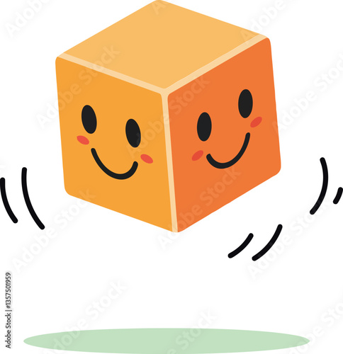A cheerful orange cube with smiling faces bouncing playfully over a soft green surface in a minimal vector illustration