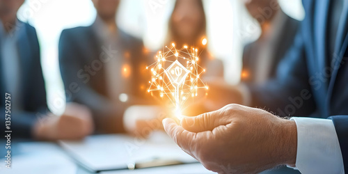 Hand Holding Digital Key in Business Meeting with Orange Glowing Light and Blurred Background Depicting Strategy Solution Innovation Technology and Future Success in Professional Corporate Cooperation