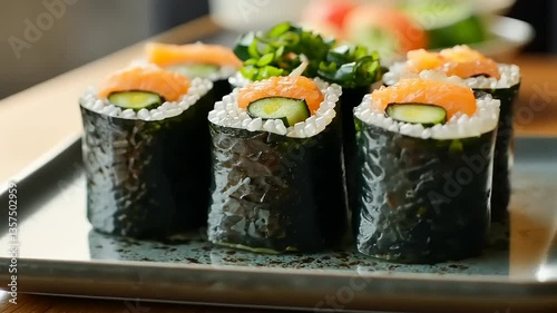Wallpaper Mural Close-up view of a plate of fresh sushi rolls, featuring salmon and green garnishes. Torontodigital.ca