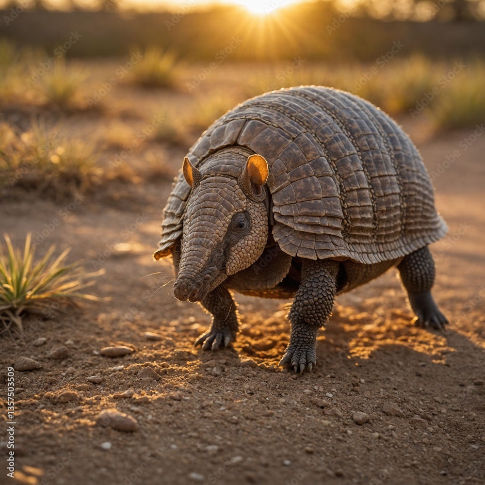 Fototapeta premium Armadillo Crossing a Dusty Path at Twilight.