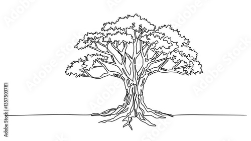 animated continuous single line drawing of old broad-leafed tree, line art animation