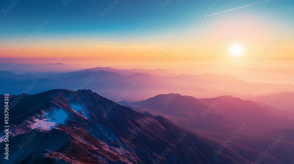 Aerial View of Majestic Mountains at Sunset with Airplane Contrail Aerial View of Majestic Mountains at Sunset with Airplane Contrail