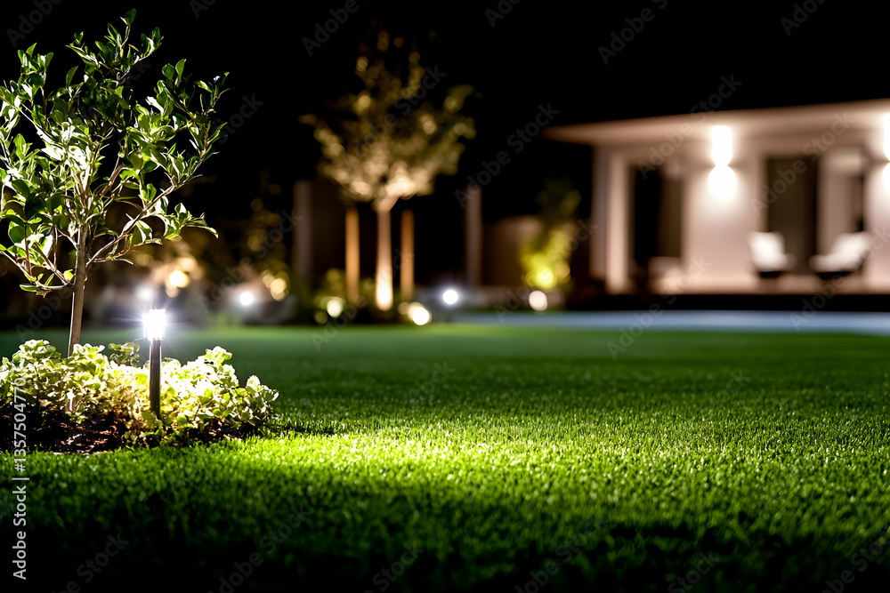 Lawn with Lush Green Grass Featuring Small Trees and House at Night with Uplighting Spotlights and Dark Sky Landscape Design Featuring House Exterior with Lights On