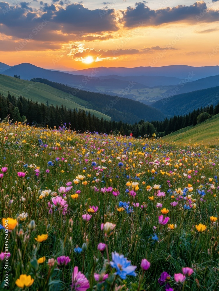 Fototapeta premium Vibrant Meadow at Sunset A Breathtaking Vista of Colorful Wildflowers in a Mountain Valley Under a Golden Sky Serene Nature Landscape