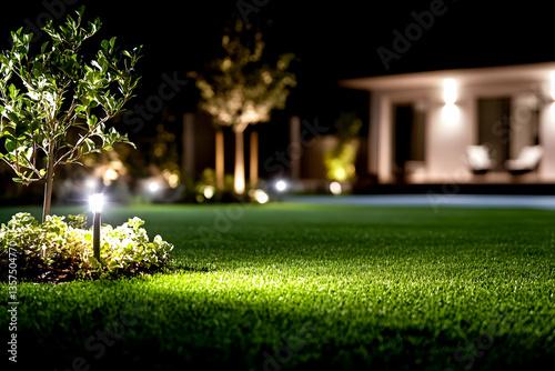 Obraz na płótnie Lawn with Lush Green Grass Featuring Small Trees and House at Night with Uplighting Spotlights and Dark Sky Landscape Design Featuring House Exterior with Lights On w salonie
