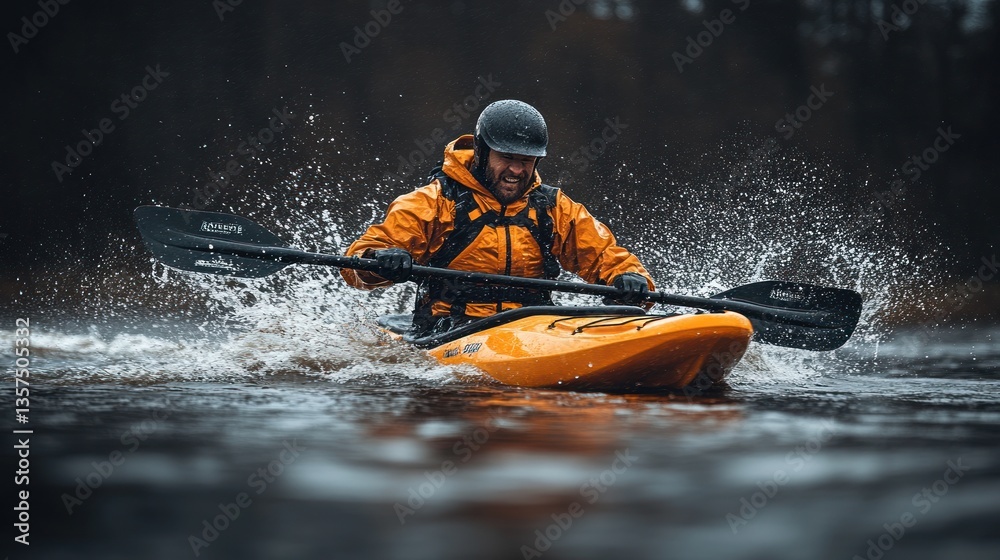 Fototapeta premium Kayaker paddles through a splashing river