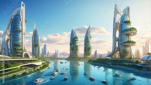 Futuristic cityscape at sunset featuring modern