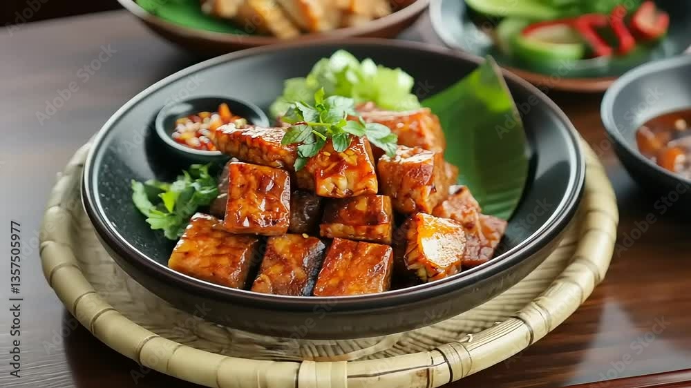 Appetizing dish of glazed, cubed tempeh, garnished with herbs and served with dipping sauce. Appetizing dish of glazed, cubed tempeh, garnished with herbs and served with dipping sauce.