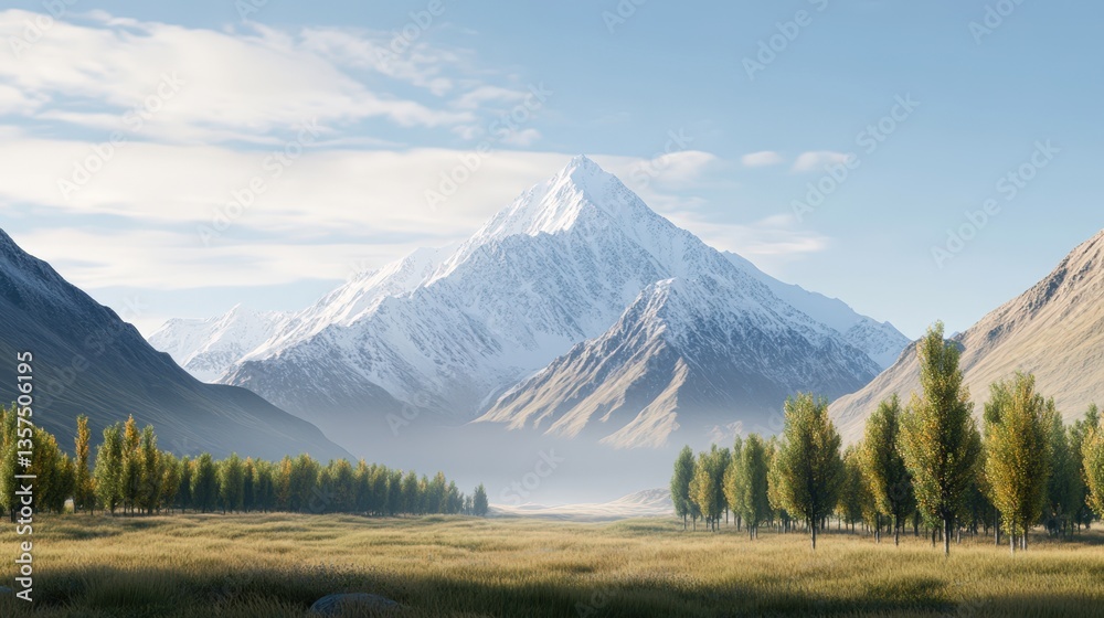 Fototapeta premium A breathtaking mountain landscape featuring snow-capped peaks and lush greenery, ideal for travel blogs, nature articles, or as a serene backdrop for designs and presentations,
