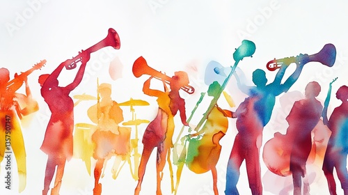 A simple watercolor of an outdoor music concert, lively and festive, on a white background