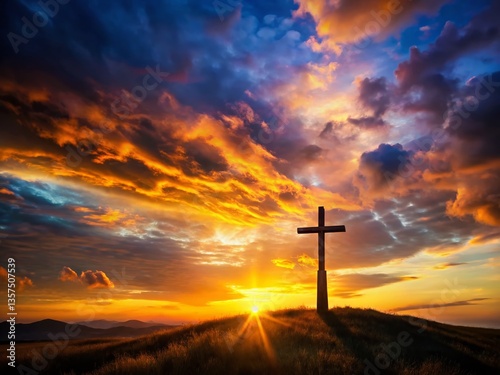 Majestic Cross Silhouette on Hilltop at Sunset - Scenic Landscape Photography