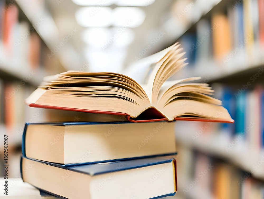 Open Book on a Stack of Books in a Bright Library with Blurred Shelves in Background Featuring Academic Resources and a Wealth of Literature for Educational Pursuits Open Book on a Stack of Books in a Bright Library with Blurred Shelves in Background Featuring Academic Resources and a Wealth of Literature for Educational Pursuits