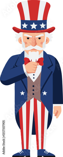 Patriotic character wearing a tall red, white, and blue hat and suit in a flat vector illustration style, embodying a confident and determined expression in a celebratory pose vector art