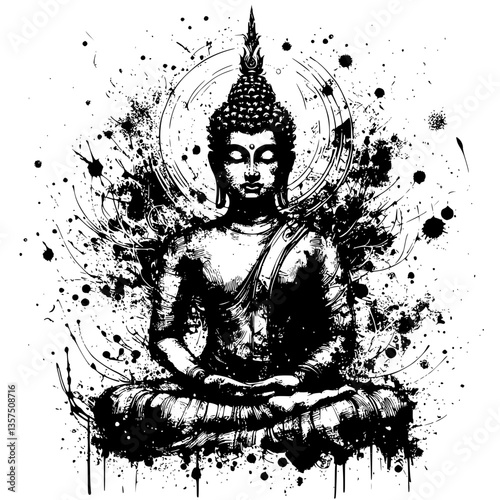 Black and white creative drawing of buddha figure