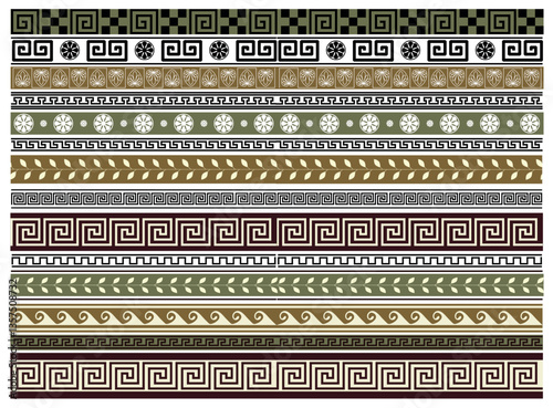 Vector set of 14 antique ancient greek style geometric seamless frames isolated on white background