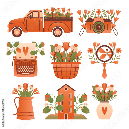 Collection of vintage-inspired floral elements with a touch of rustic charm. Summer in village. Cottagecore concept. Pickup truck full of summer flowers, cute cottage, typewriter among strawberry bush