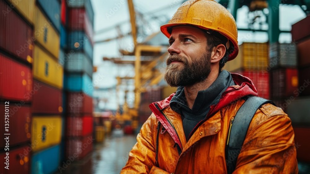 A worker in bright safety gear stands confidently among colorful shipping containers at a distribution hub. Rain falls as logistics activities continue around him. A worker in bright safety gear stands confidently among colorful shipping containers at a distribution hub. Rain falls as logistics activities continue around him.