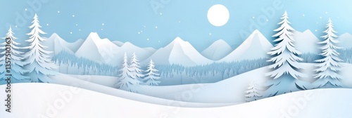 Enjoy peaceful winter landscape with snowy mountains and pine trees in a beautiful paper cut design and soft gradient sky Generative AI
