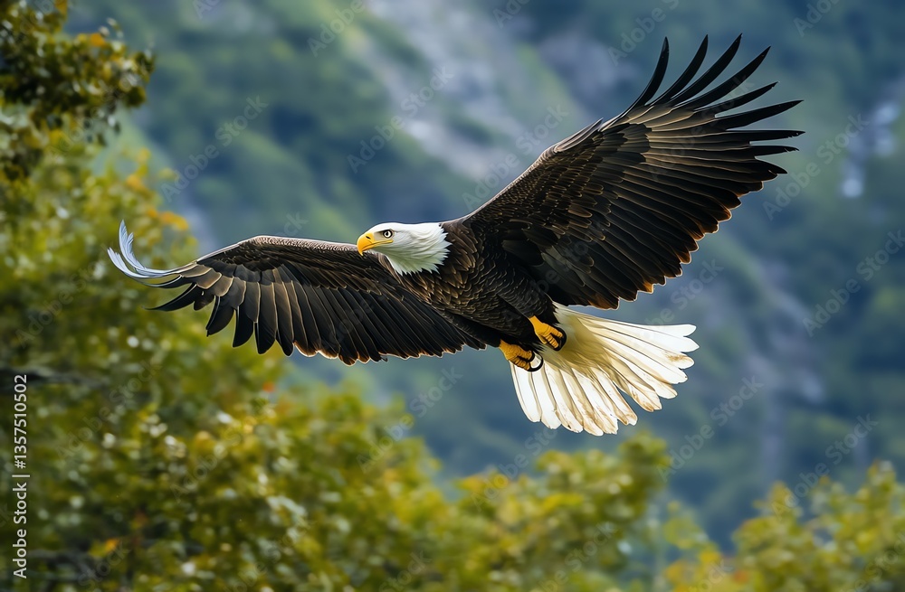 Naklejka premium Bald Eagle Flying Gracefully Over Green Forest and Mountain Landscape