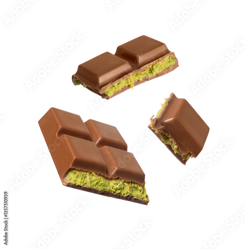 Dubai chocolate in the air isolated on white background. Dubai chocolate is made with pistachio paste and kadayif