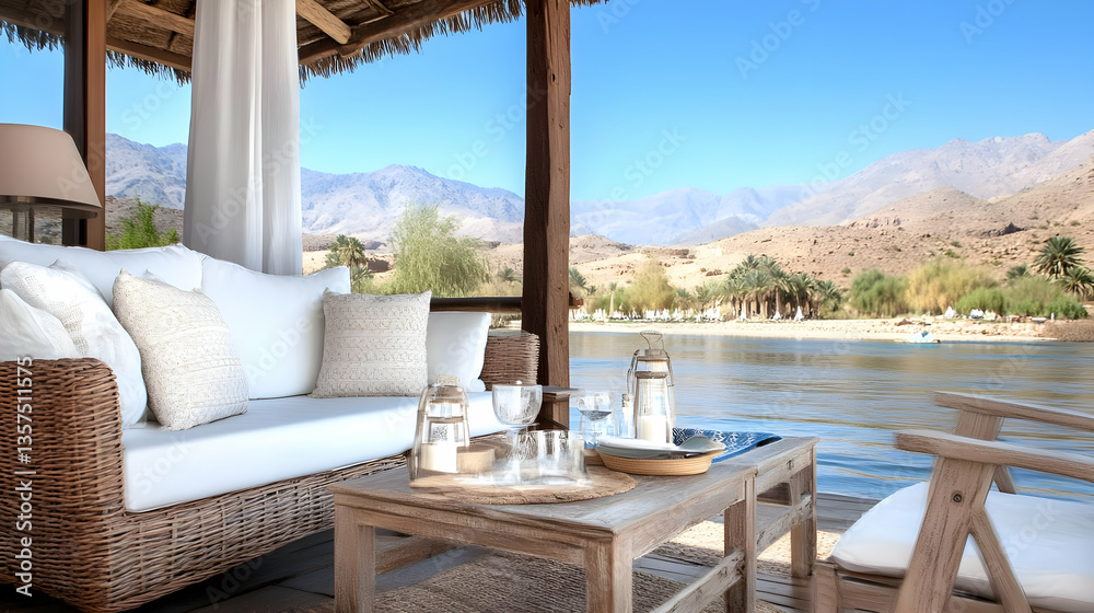 Obraz premium Scenic Terrace Overlooking Calm Lake with Mountains and White Cushions and Brown Wicker Furnitures under a Sunny Day with Clear Blue Sky in Exotic Destination for Relaxation