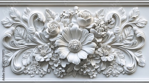 White floral embossed panel, intricate and delicate, plasterwork relief design, against a white background