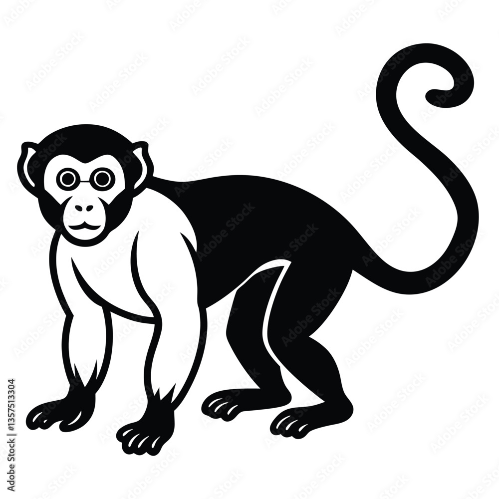 Fototapeta premium Cute monkey waving monkey silhouettes Monkeys vector, Monkeys salute, monkeys style, set monkeys A cute cartoon monkey is sitting on the ground and waving.A monkey laying on white background