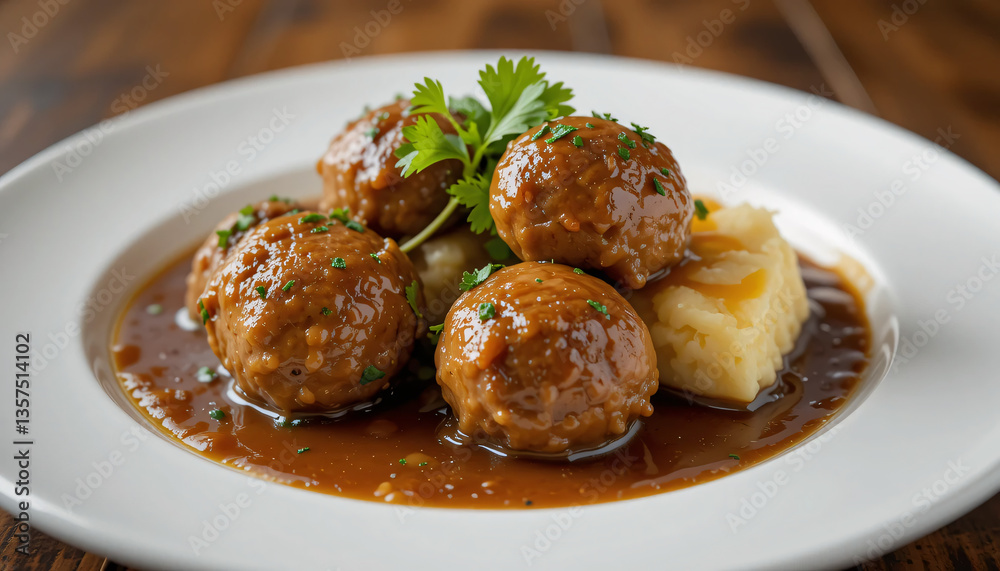 Meatballs with Mashed Potatoes and Herb Garnish. Meatballs with Mashed Potatoes and Herb Garnish.