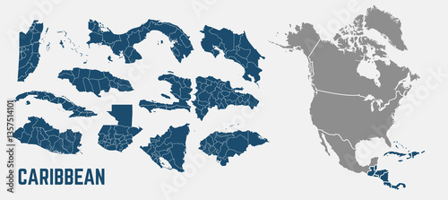 Caribbean and Central American maps. Cuba, Panama, Salvador, Honduras, Jamaica, Guatemala map with regions. Caribbean maps isolated on white background. High detailed. Vector illustration