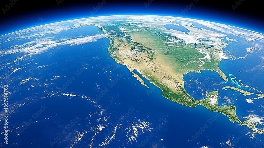Fototapeta premium Satellite view of North America, Mexico, and Caribbean.