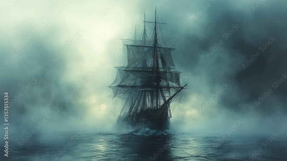 Mysterious Ghost Ship Adrift in Foggy Waters Under a Brooding Sky Mysterious Ghost Ship Adrift in Foggy Waters Under a Brooding Sky