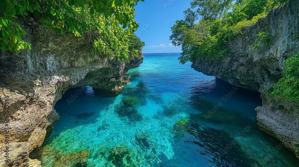 Spectacular Turquoise Waters Flowing Through Rocky Cliffs in Tropical Paradise