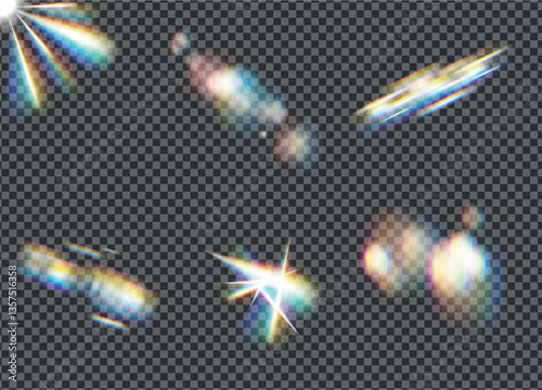 Rainbow lens prism ethereal flare effect on crystal glass or camera film filter with bokeh, abstract rainbow colorful rays leaks, Film leak light overlay texture on transparent background