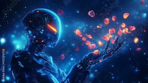 AI face profile. Artificial intelligence in humanoid head take in hand artifical robotic flower. Sci-fi future concept