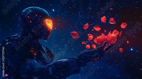 AI face profile. Artificial intelligence in humanoid head take in hand artifical robotic flower. Sci-fi future concept
