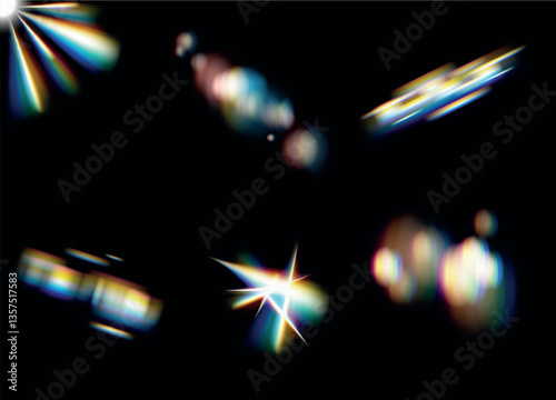Rainbow lens prism ethereal flare effect on crystal glass or camera film filter with bokeh, abstract rainbow colorful rays leaks overlay background, Film leak light overlay texture background
