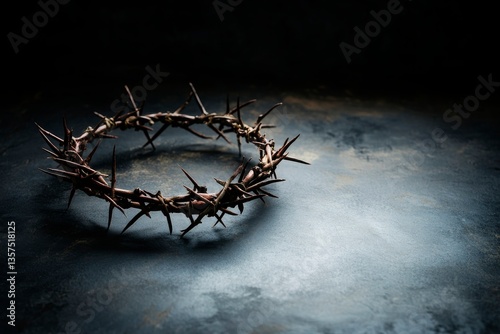 Crown of thorns on a dark background with copy space for Easter and Good Friday concepts, religious, catholic, spiritual, crucifixion, silhouette, heaven, spirituality, holy, 