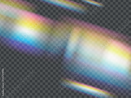 Rainbow lens prism ethereal flare effect on crystal glass or camera film filter with bokeh, abstract rainbow colorful rays leaks, Film leak light overlay texture on transparent background