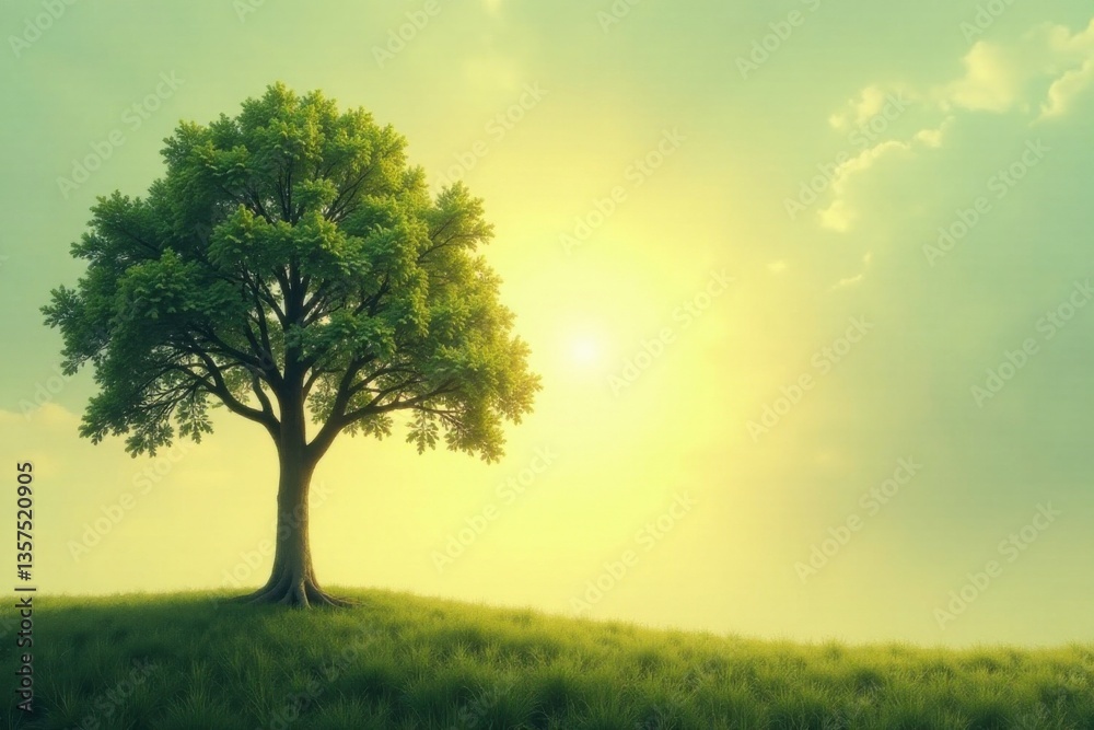 Serene Sunset A solitary tree stands majestically on a gentle grassy hill, bathed in the warm glow of the setting sun, a picturesque scene of tranquil nature Serene Sunset A solitary tree stands majestically on a gentle grassy hill, bathed in the warm glow of the setting sun, a picturesque scene of tranquil nature
