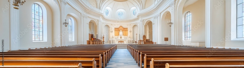 Fototapeta premium Historic Church Interior with Vaulted Ceiling and Wooden Benches