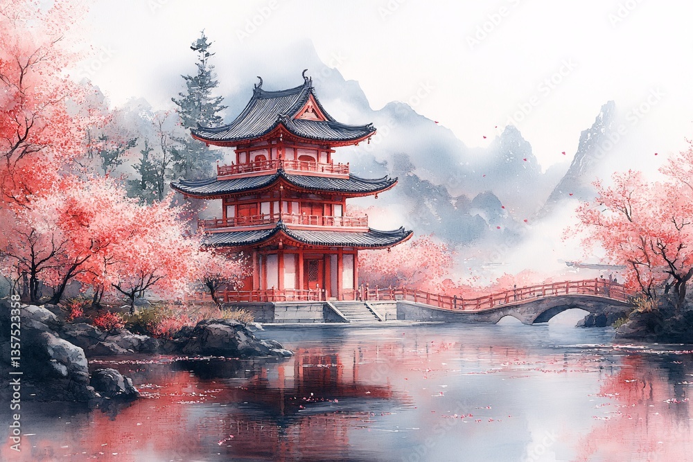 Obraz premium Tranquil Watercolor of a Japanese Pagoda Surrounded by Blooming Cherry Blossoms
