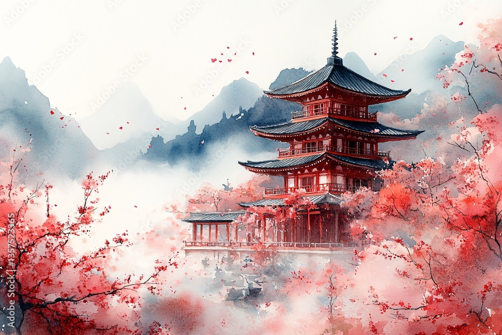 Obraz premium Lush Cherry Blossom Trees Framing a Traditional Japanese Pagoda in Elegant Watercolor