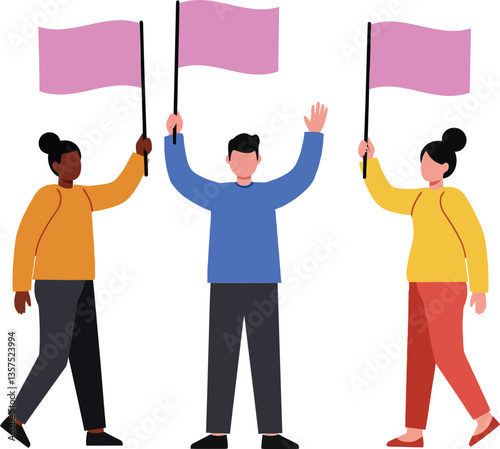 Three diverse individuals holding pink flags in a vibrant and engaging flat vector illustration promoting unity and expression