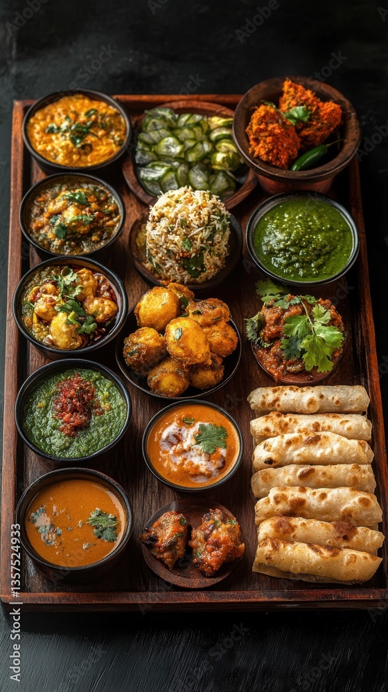 Fototapeta premium Exquisite Indian Cuisine Platter Featuring Diverse Curries Rice Bread and Appetizers on Dark Background